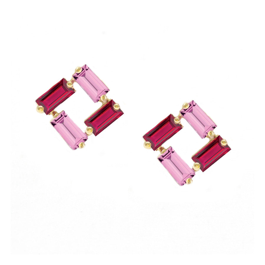 Ruby Pink Sapphire Square Baguette Earrings