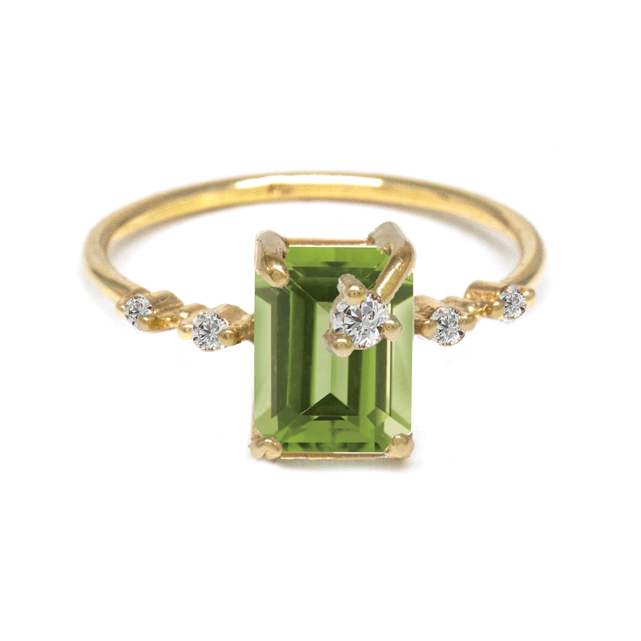 Emerald Cut Peridot Diamond Ring