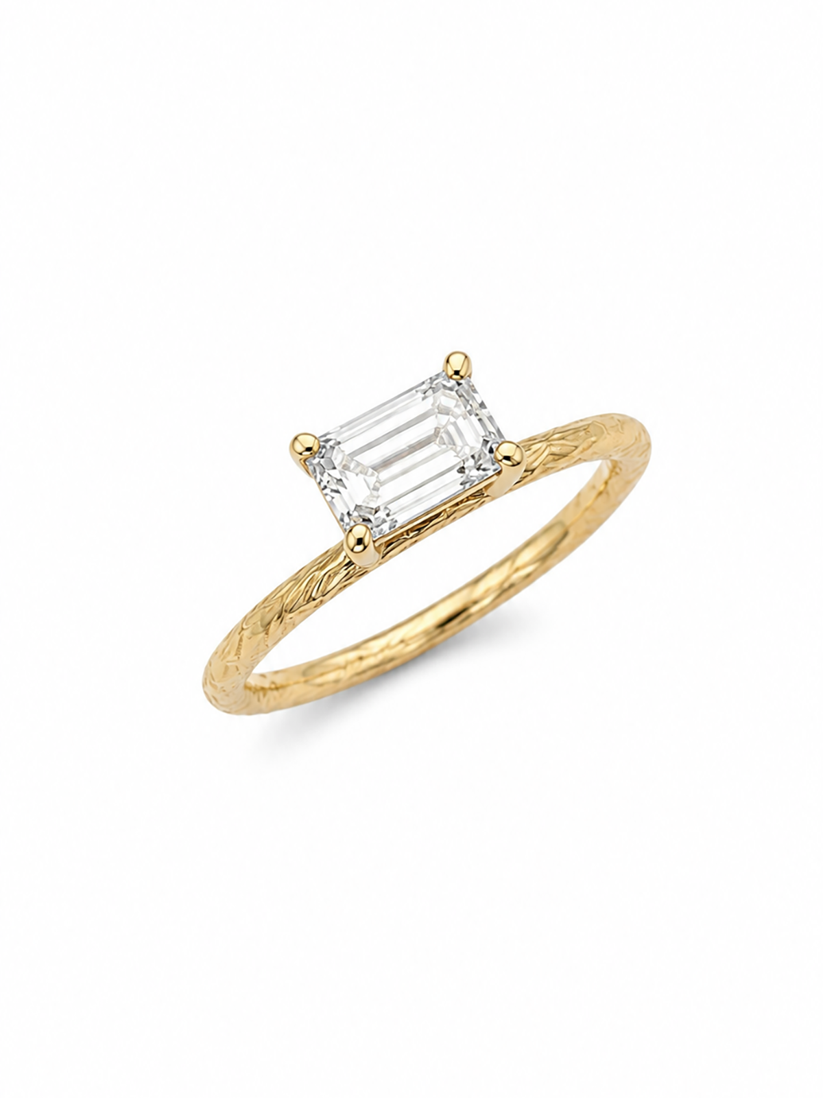 Emerald Cut Diamond Textured Gold Ring