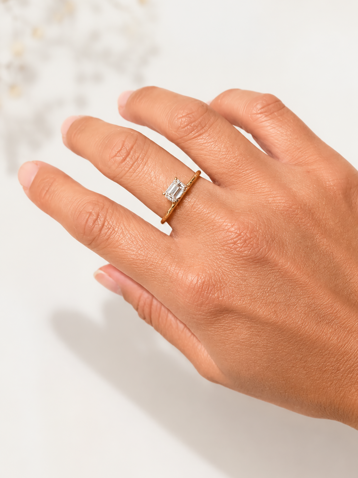 Emerald Cut Diamond Textured Gold Ring