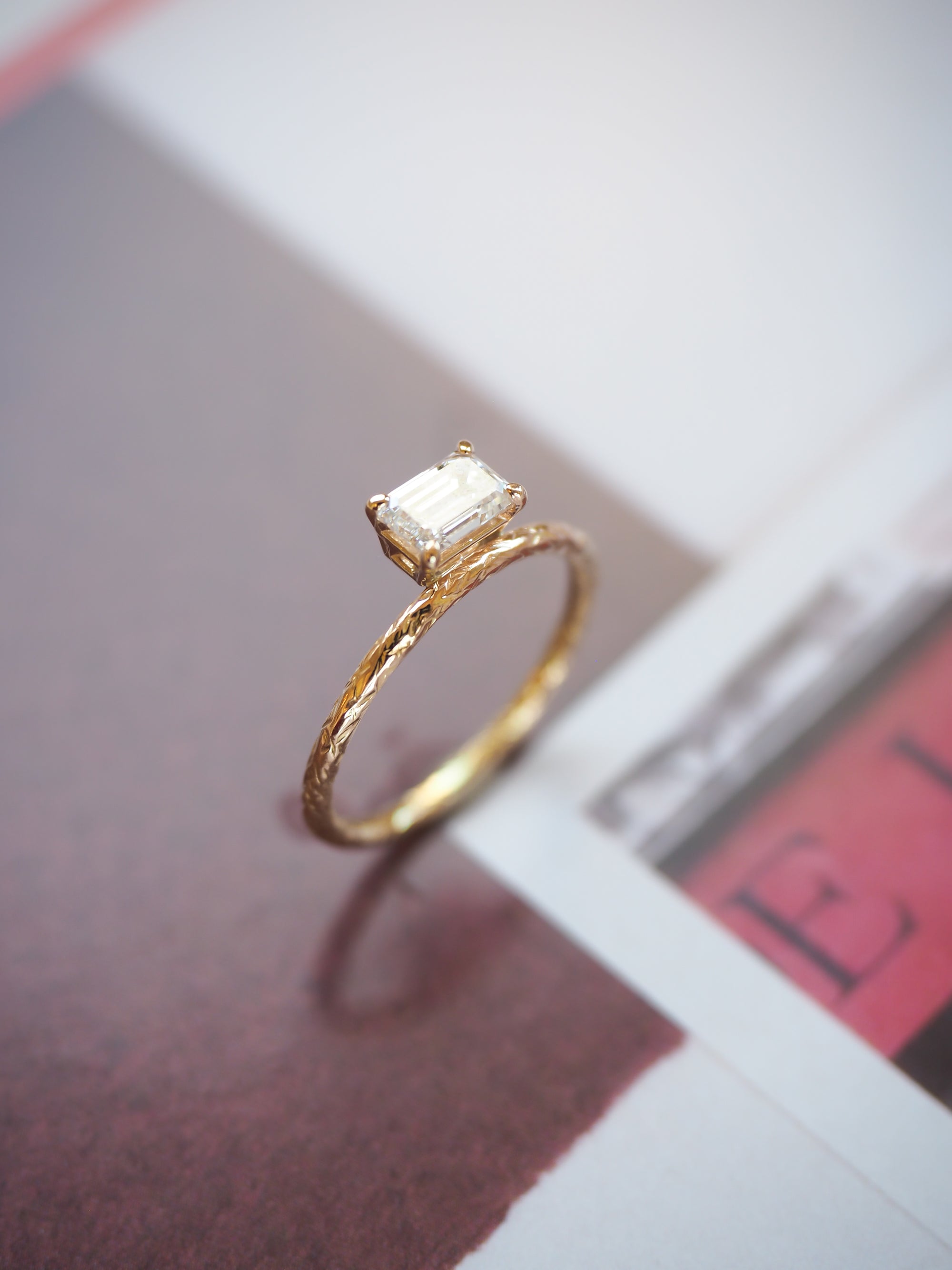 Emerald Cut Diamond Textured Gold Ring