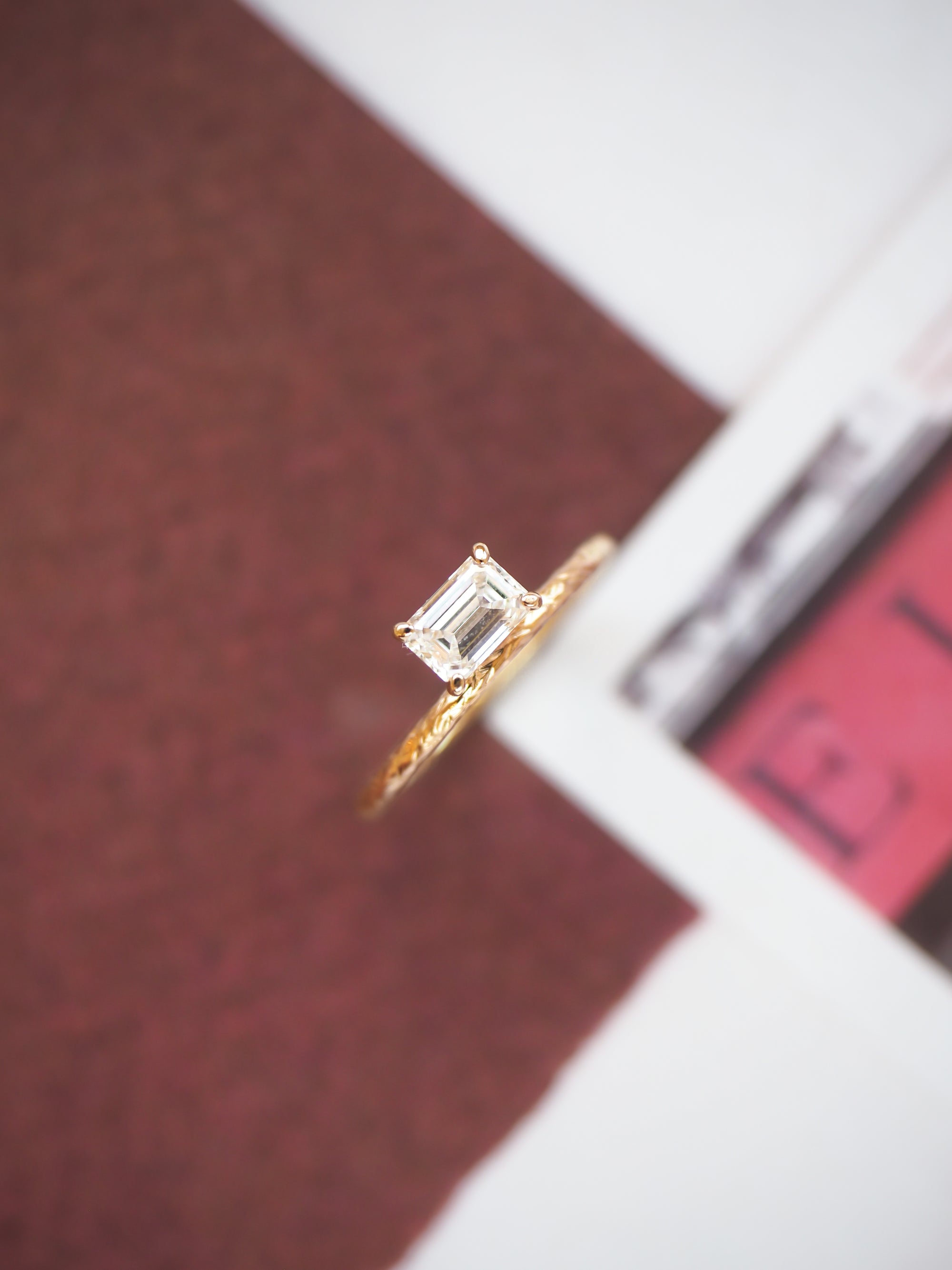Emerald Cut Diamond Textured Gold Ring