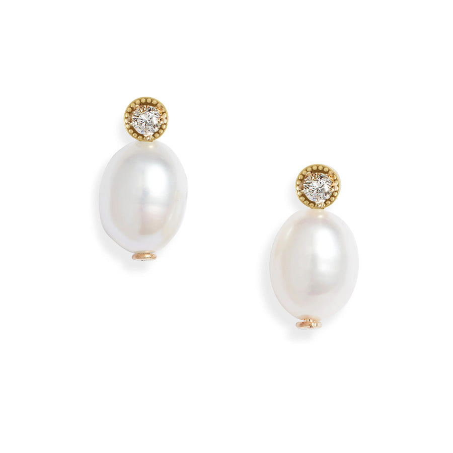 Petite Oval Pearl Diamond Stud Earrings