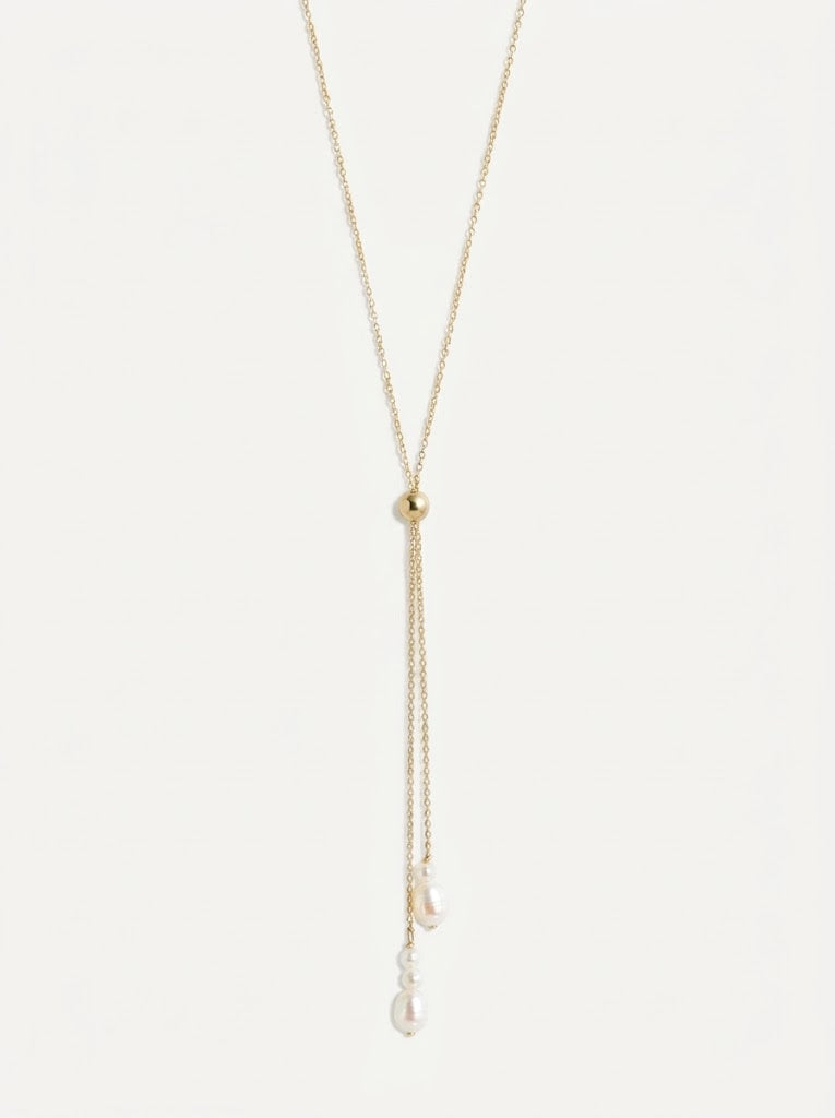Gold Drop Pearl Adjustable Lariat Necklace