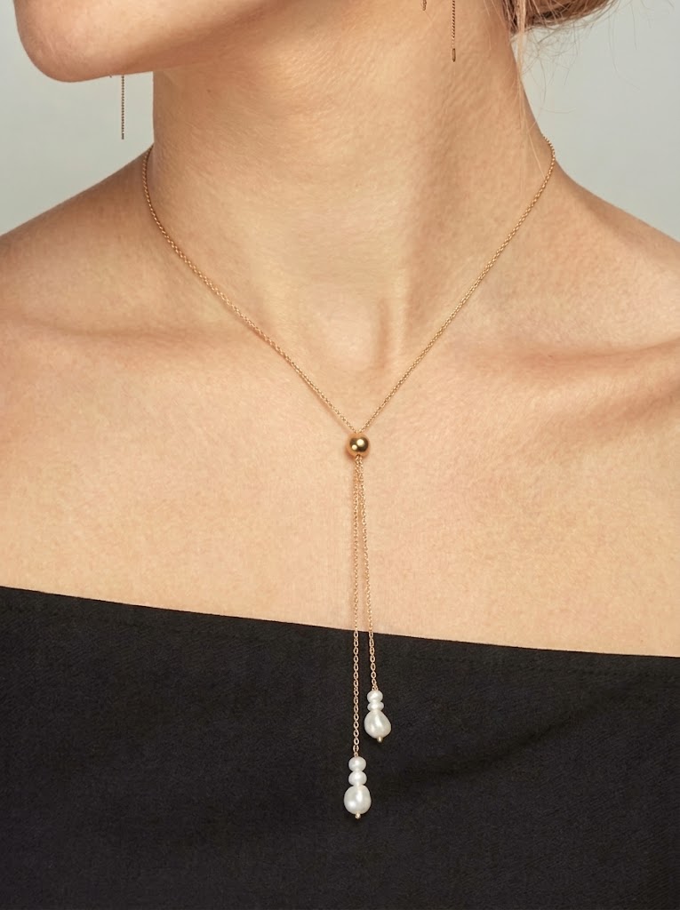 Gold Drop Pearl Adjustable Lariat Necklace
