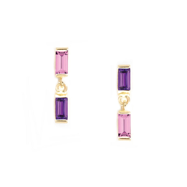 Duo Baguette Pink Sapphire Amethyst Earrings