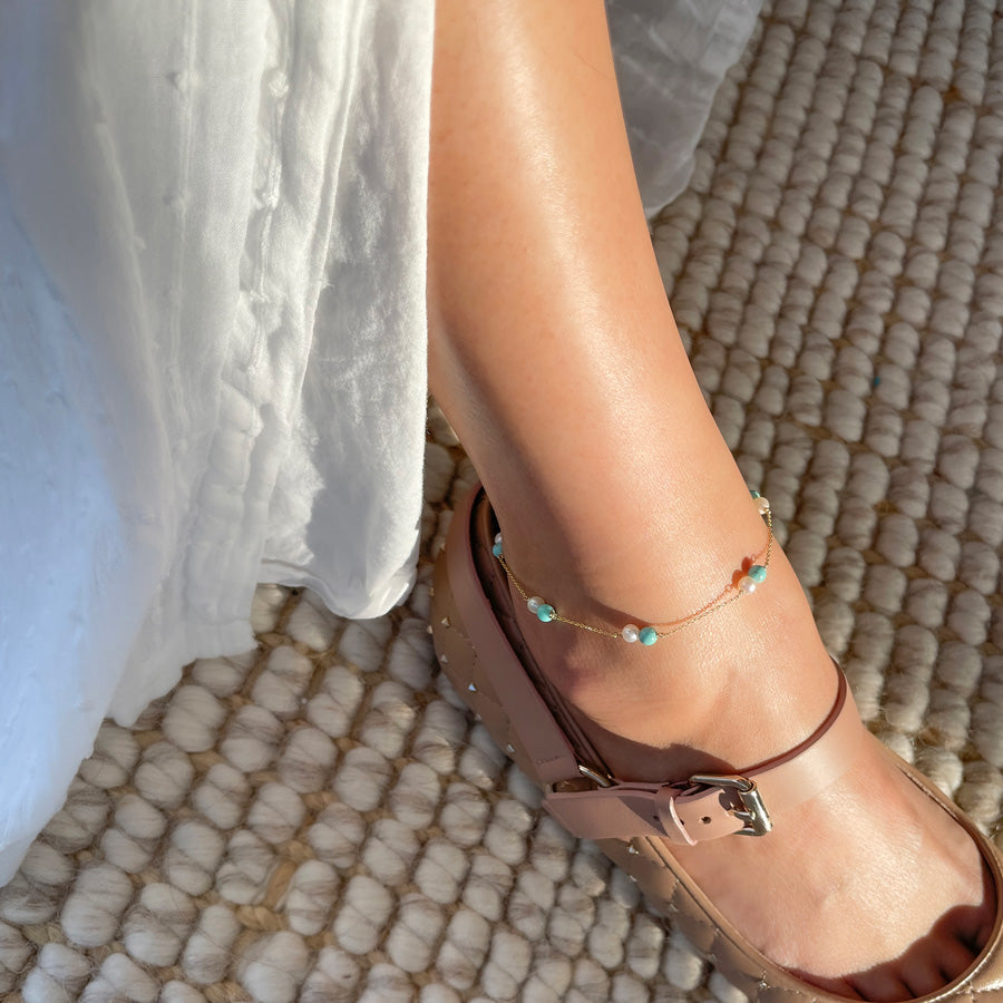Baby Pearl Turquoise Spaced Anklet