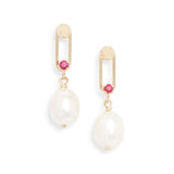 Gold Dot Link Ruby Pearl Earrings