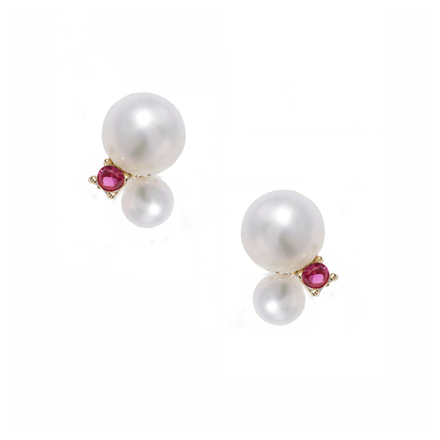 Double Pearl Ruby Stud Earrings