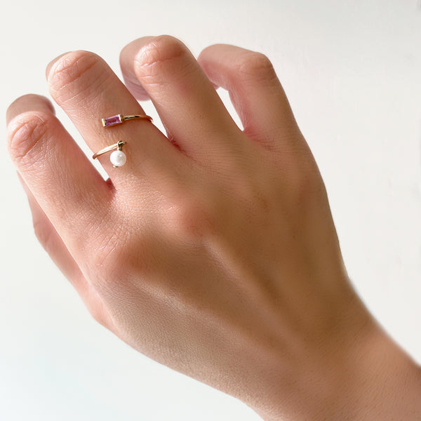 Baguette Pink Sapphire Pearl Dangle Ring