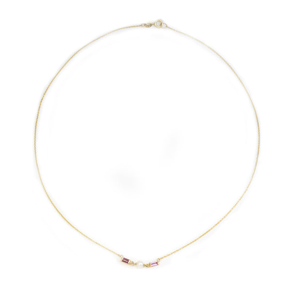 Baguette Ruby Pink Sapphire Pearl Necklace