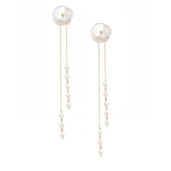 Petal Pearl Long Keshi Jacket Earrings