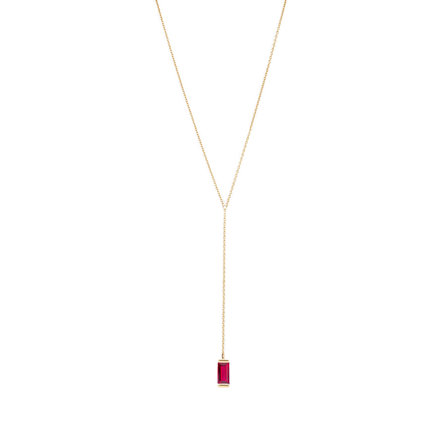 Gold Lariat Necklace with Ruby Baguette