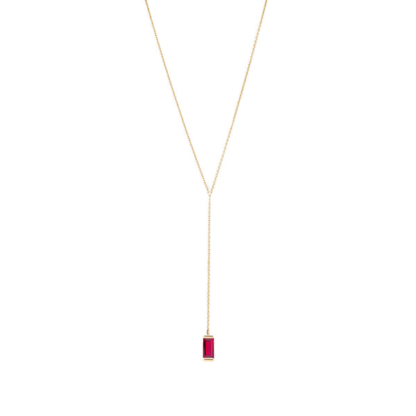 Gold Lariat Necklace with Ruby Baguette